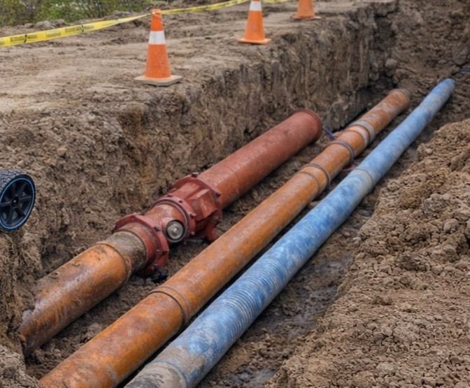 Buried water and gas pipes exposed in a trench